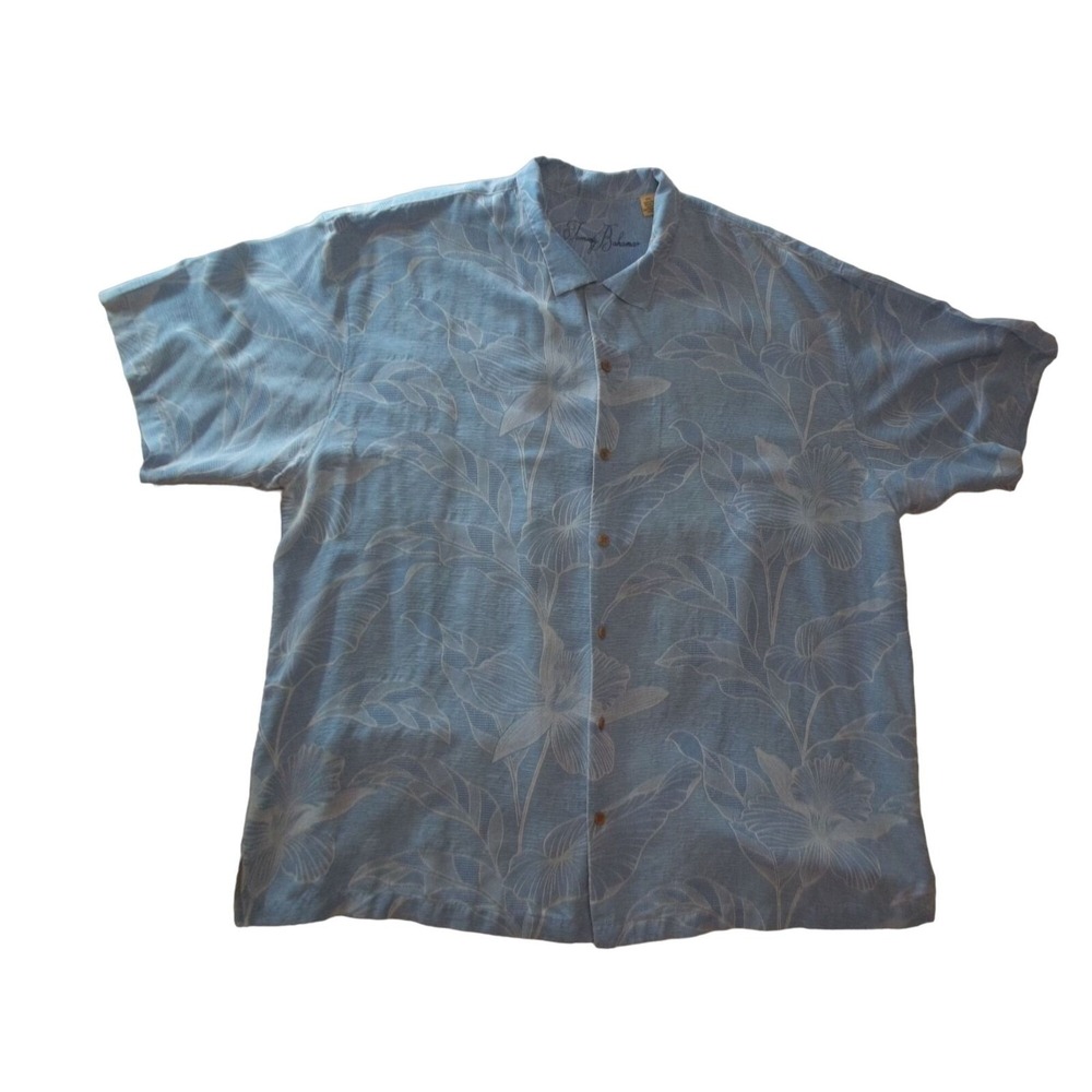 Tommy Bahama Silk Shirt Men Sz XXL Blue Aloha Floral Leaf Short Sleeve Button Up